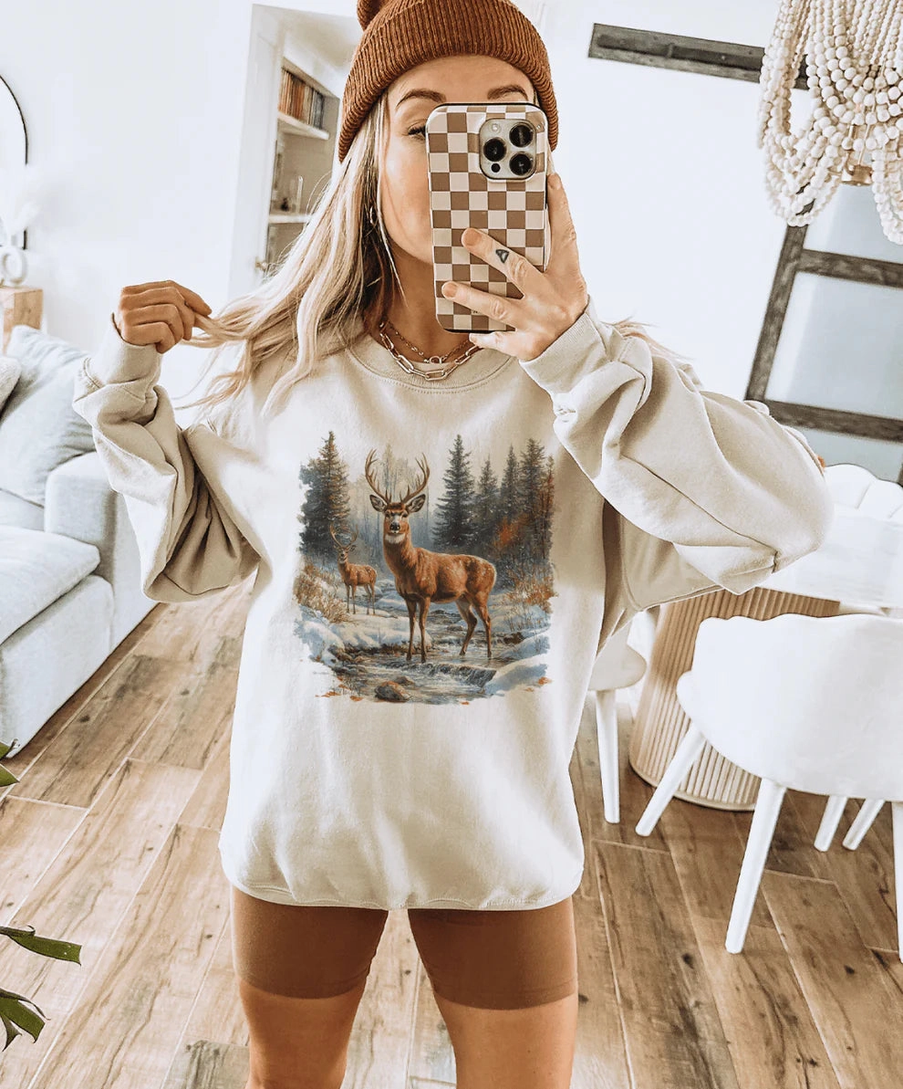 Movie Night Layering Must-Have Online Exclusive | Retro Deer Scene Graphic on Cream - Tee & Sweatshirt Option