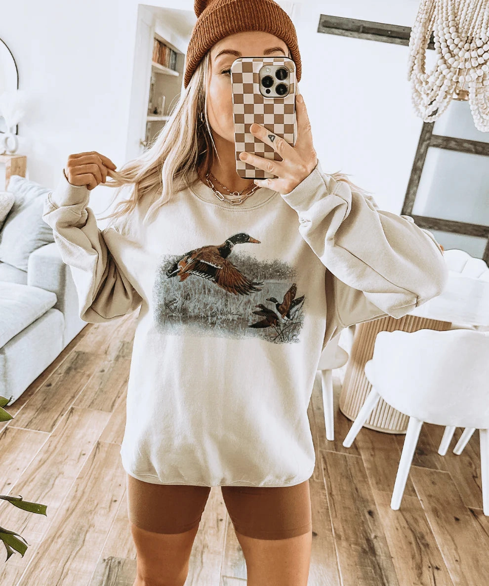 Online Exclusive | Retro Duck Scene Graphic on Cream - Tee & Sweatshirt Option All-Season Comfort Wear