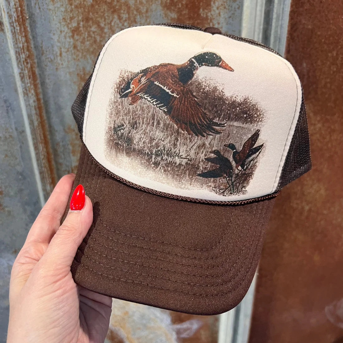 Online Exclusive | Retro Duck Trucker Cap in Brown and Tan or Camouflage QuickDry Material Minimal Fashion