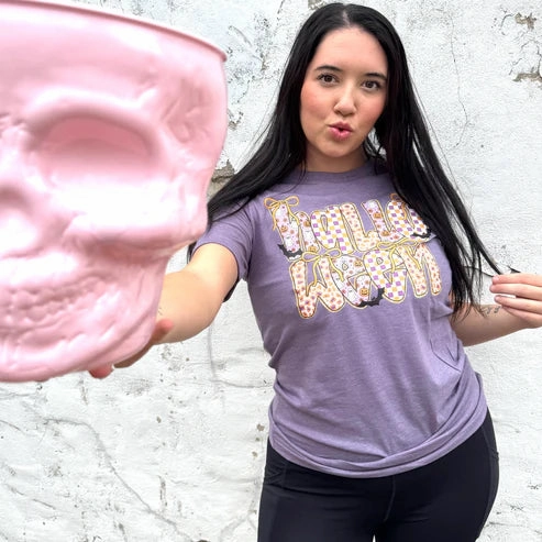 Active Look Online Exclusive | Retro Halloween Graphic on Short Sleeve Tee in Heather Purple