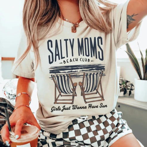 Online  Exclusive | Salty Moms Beach Club Graphic Tee in Cream Sporty Layers Timeless and Chic