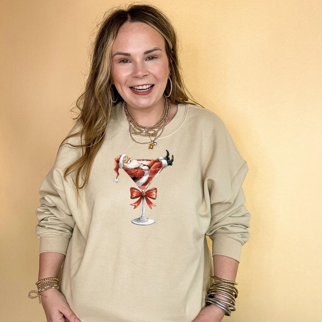Online Exclusive | Santa Martini with Red Bow Graphic Sweatshirt in Multiple Color Options Chilly Day Comfort