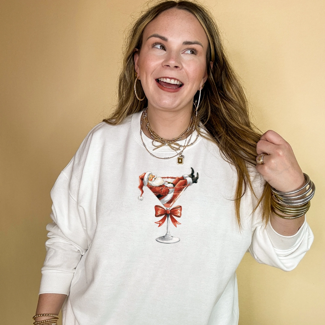 Fashion Top Minimal Comfort Online Exclusive | Santa Martini with Red Bow Graphic Sweatshirt in Multiple Color Options