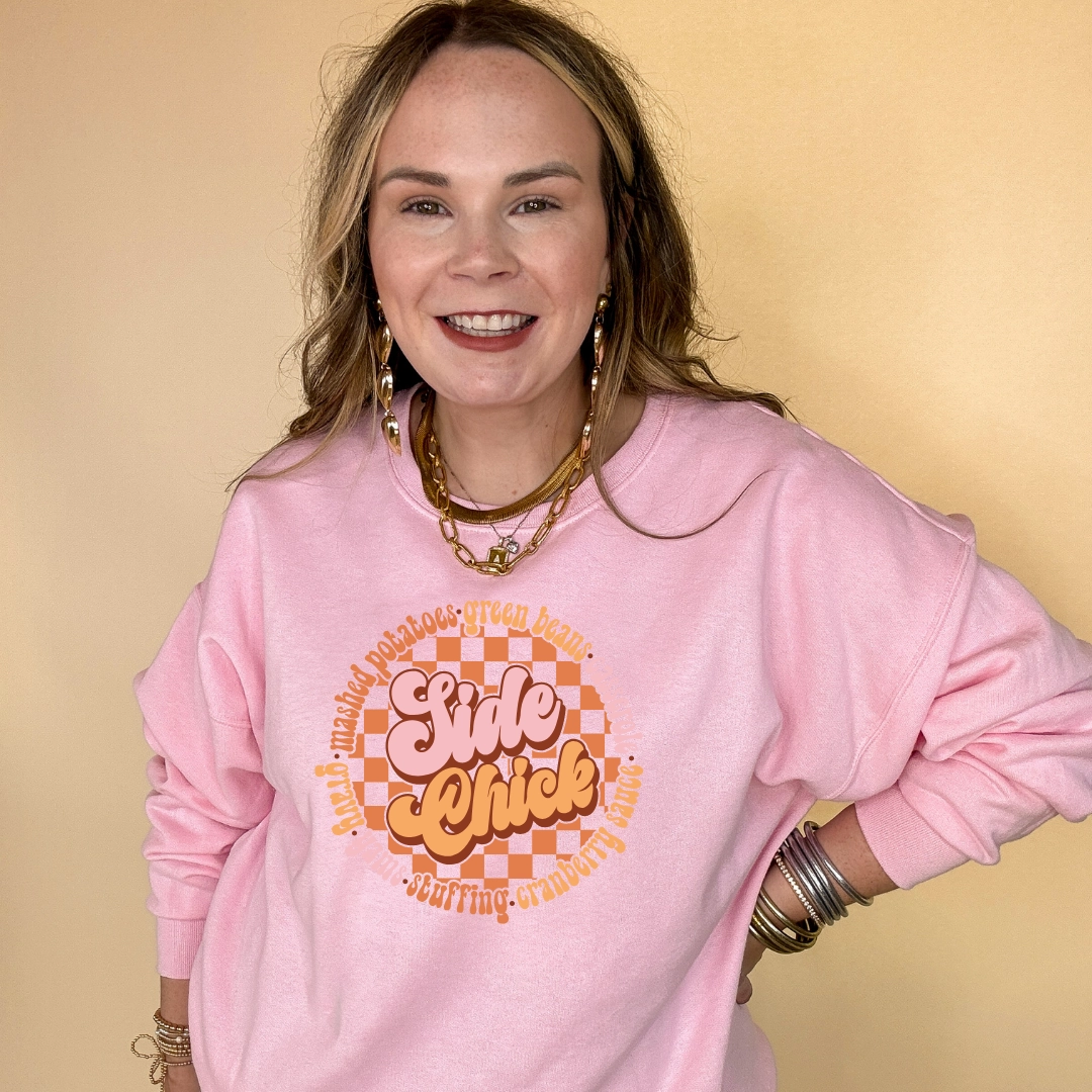 Online Exclusive | Side Chick Thanksgiving Foods Graphic Sweatshirt in Multiple Color Options Heather Jersey Material
