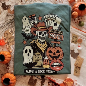 Cool Design Online Exclusive | Skeleton Motel Graphic on Short Sleeve Tee in Military Green