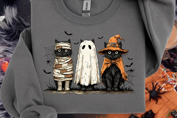 Online Exclusive | Spooky Cats Long Sleeve Graphic Sweatshirt in Charcoal Grey Perfectly Fit Holiday Outfit