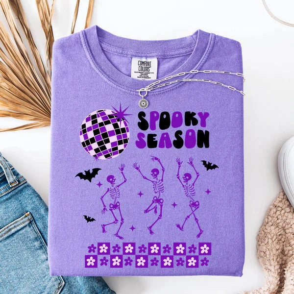 High Durability Weave Online Exclusive | Spooky Season Disco Party Graphic on Short Sleeve Comfort Color Tee in Violet Purple