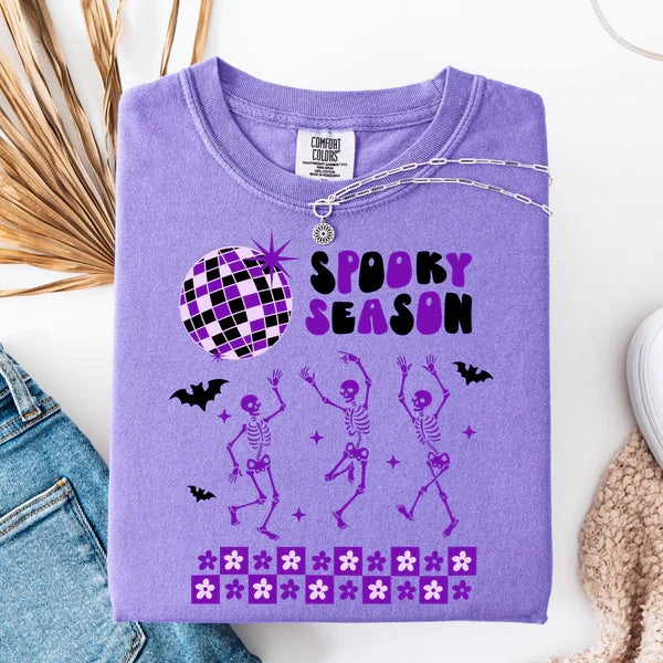 All-Day Wear Online Exclusive | Spooky Season Disco Party Graphic on Short Sleeve Comfort Color Tee in Violet Purple