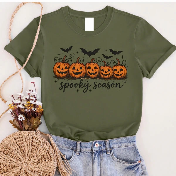 Online Exclusive | Spooky Season Jack-O??-Lanterns & Bats Graphic on Short Sleeve Tee in Military Green Outdoor Adventure Minimal Design