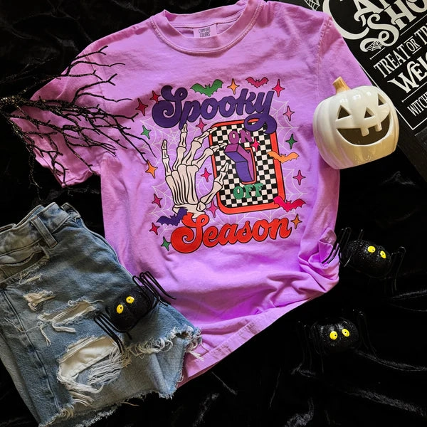 Online Exclusive | Spooky Season Short Sleeve Comfort Color Graphic Tee in Neon Violet Purple Wrinkle Resistant Texture