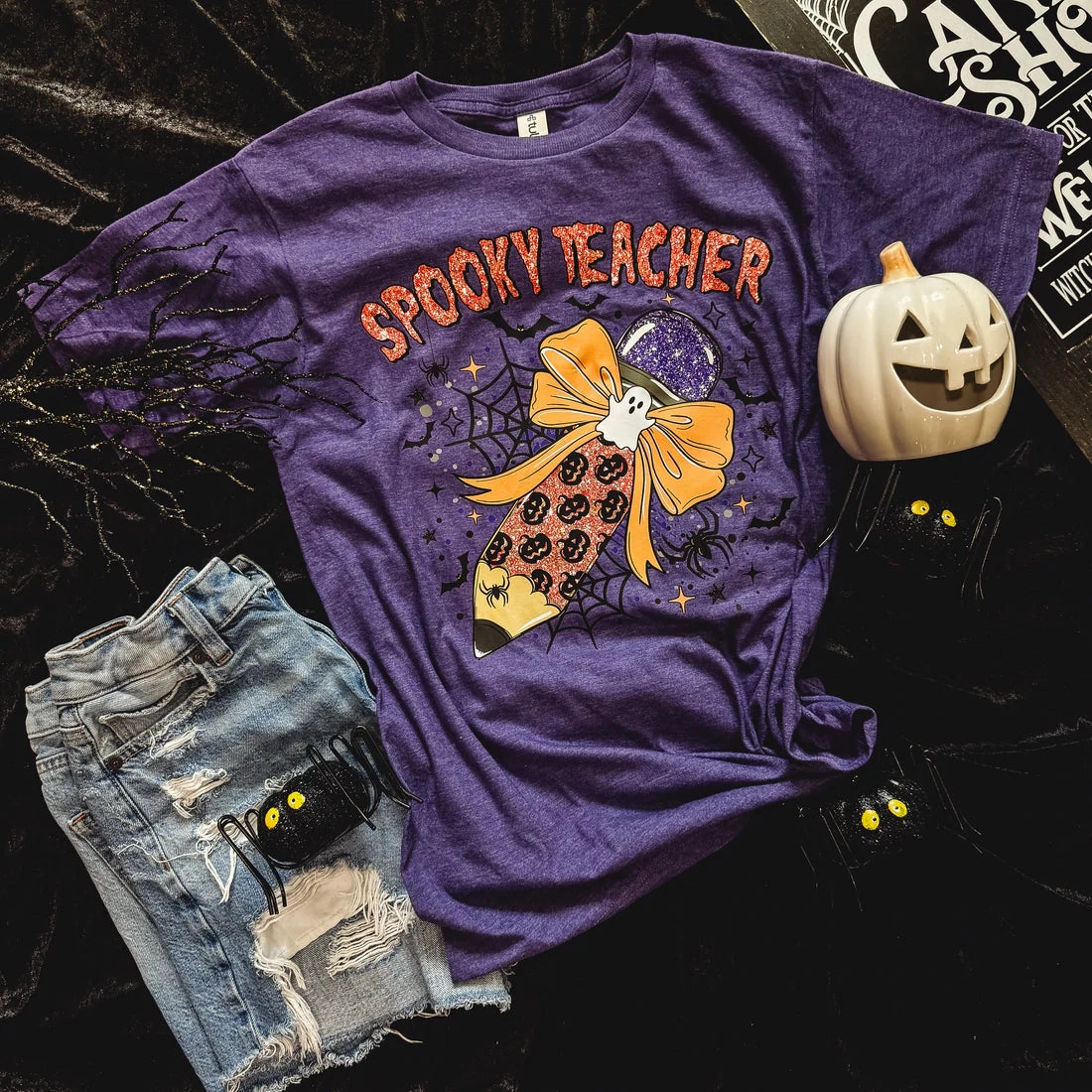 Kids clothing Structured silhouette Online Exclusive | Spooky Teacher Short Sleeve Graphic Tee in Heather Purple