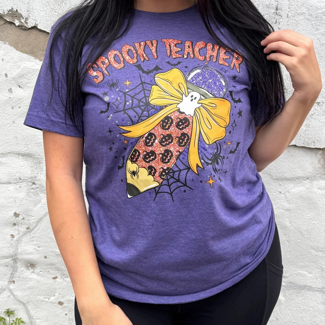 Online Exclusive | Spooky Teacher Short Sleeve Graphic Tee in Heather Purple Casual layering piece