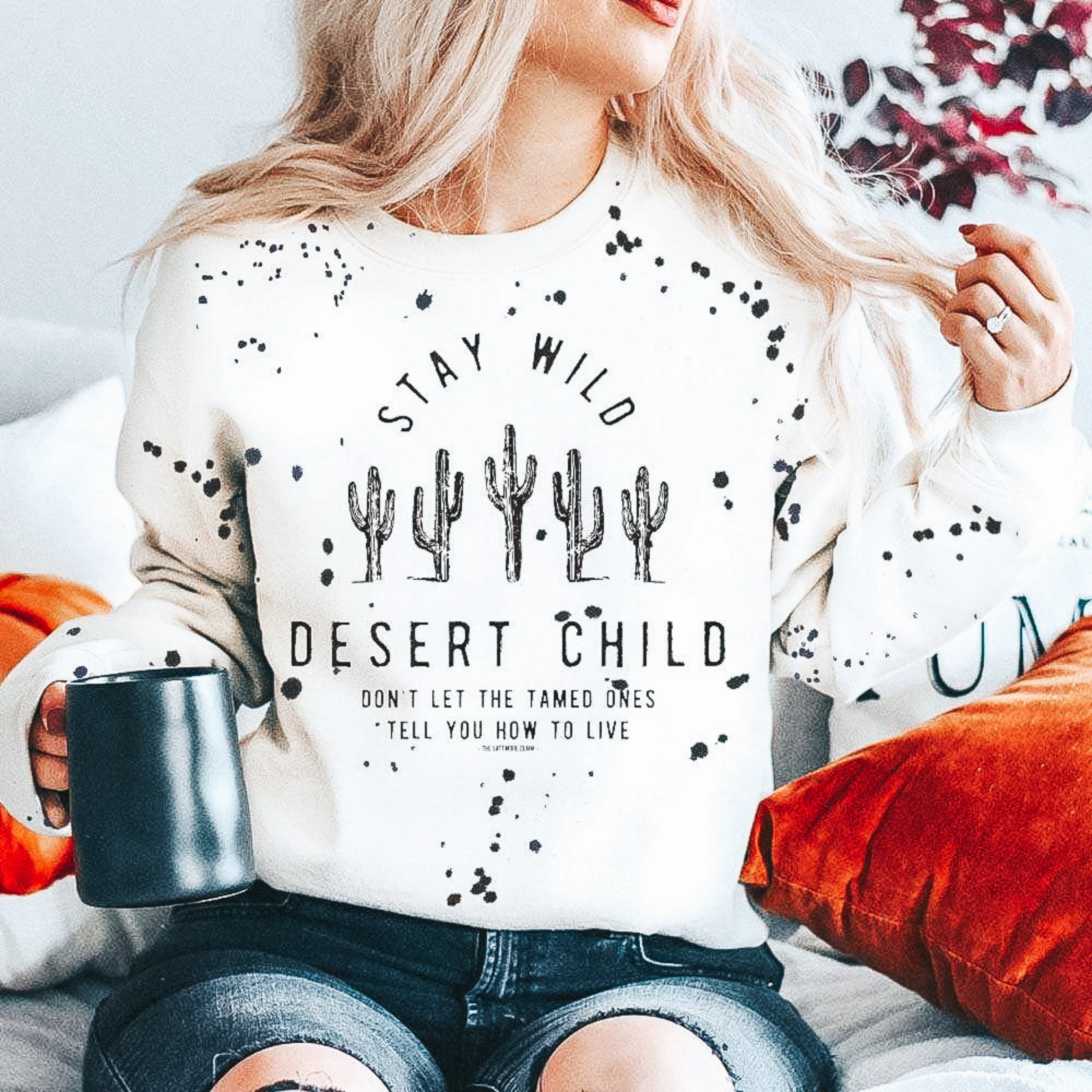 Online Exclusive | Stay Wild Desert Child Long Sleeve Paint Splatter Graphic Sweatshirt in White AntiStatic Lining