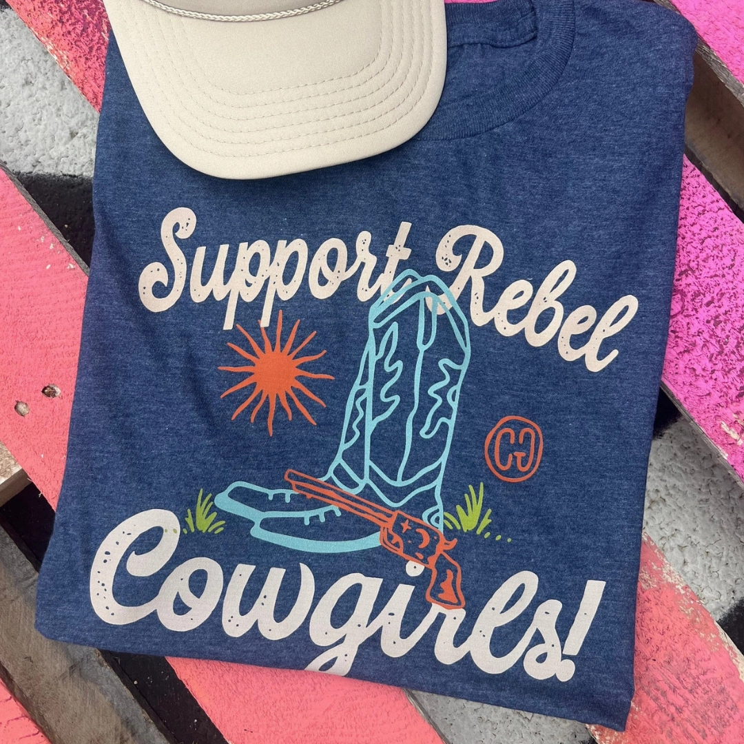 Online Exclusive | Support Rebel Cowgirls Short Sleeve Graphic Tee in Heather Navy Travel Friendly