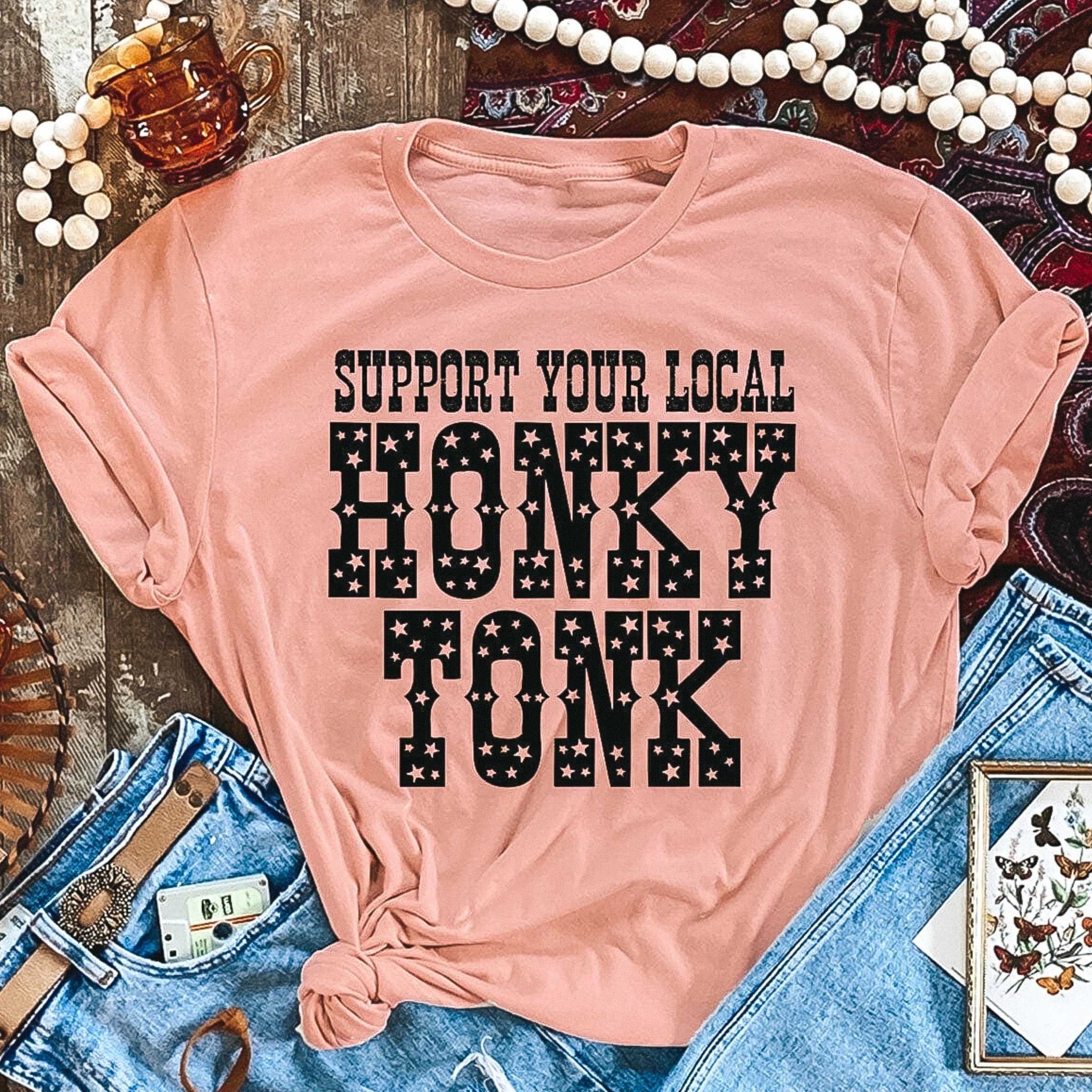 All-Weather Wear Energy Mood Online Exclusive | Support Your Local Honky Tonk Short Sleeve Graphic Tee in Desert Rose Pink