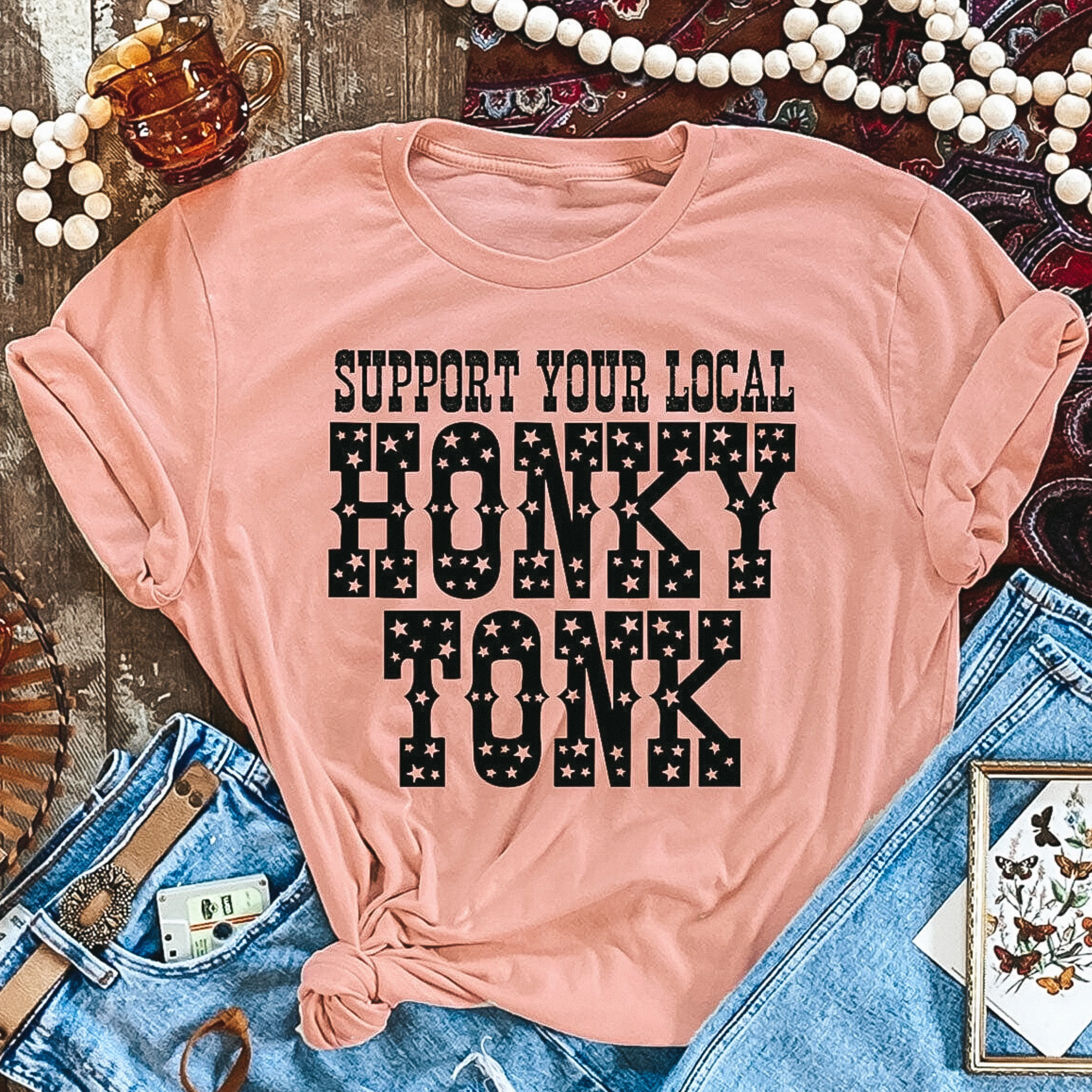Online Exclusive | Support Your Local Honky Tonk Short Sleeve Graphic Tee in Desert Rose Pink Bride Side