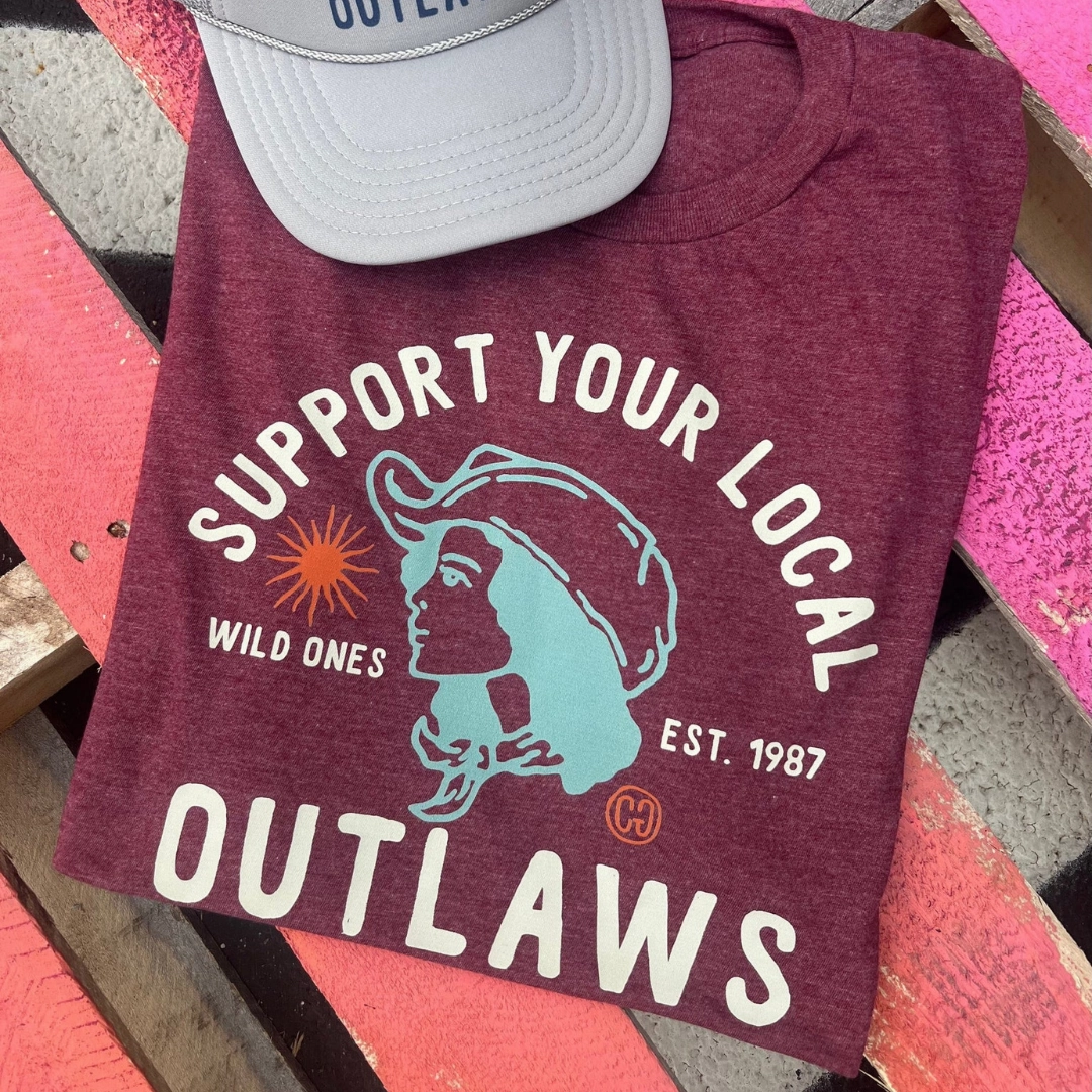 Online Exclusive | Support Your Local Outlaws Short Sleeve Graphic Tee in Heather Maroon Playful Design Heather Texture Finish