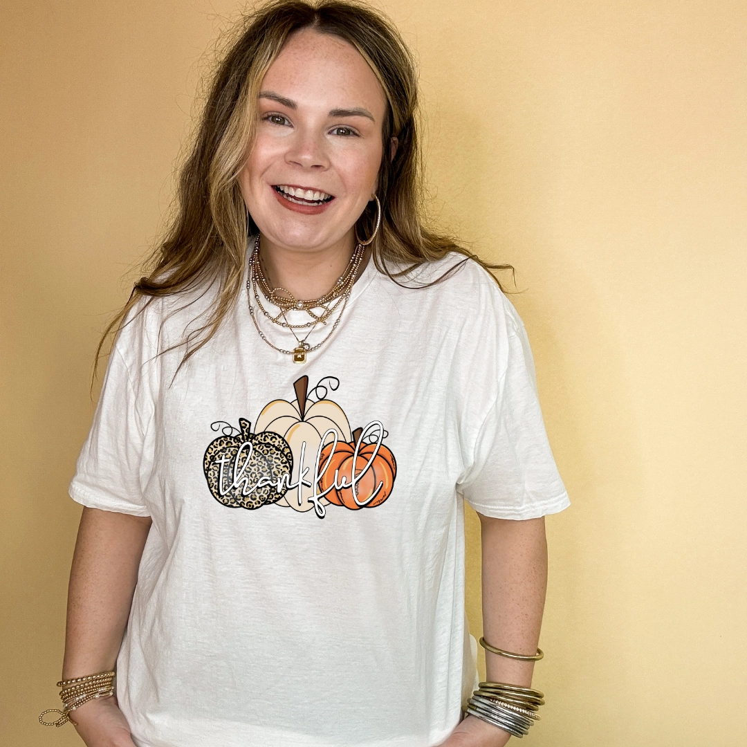Online Exclusive | Thankful Cheetah and Solid Pumpkin Trio Graphic Tee in Multiple Color Options Basic Top Light Stretch