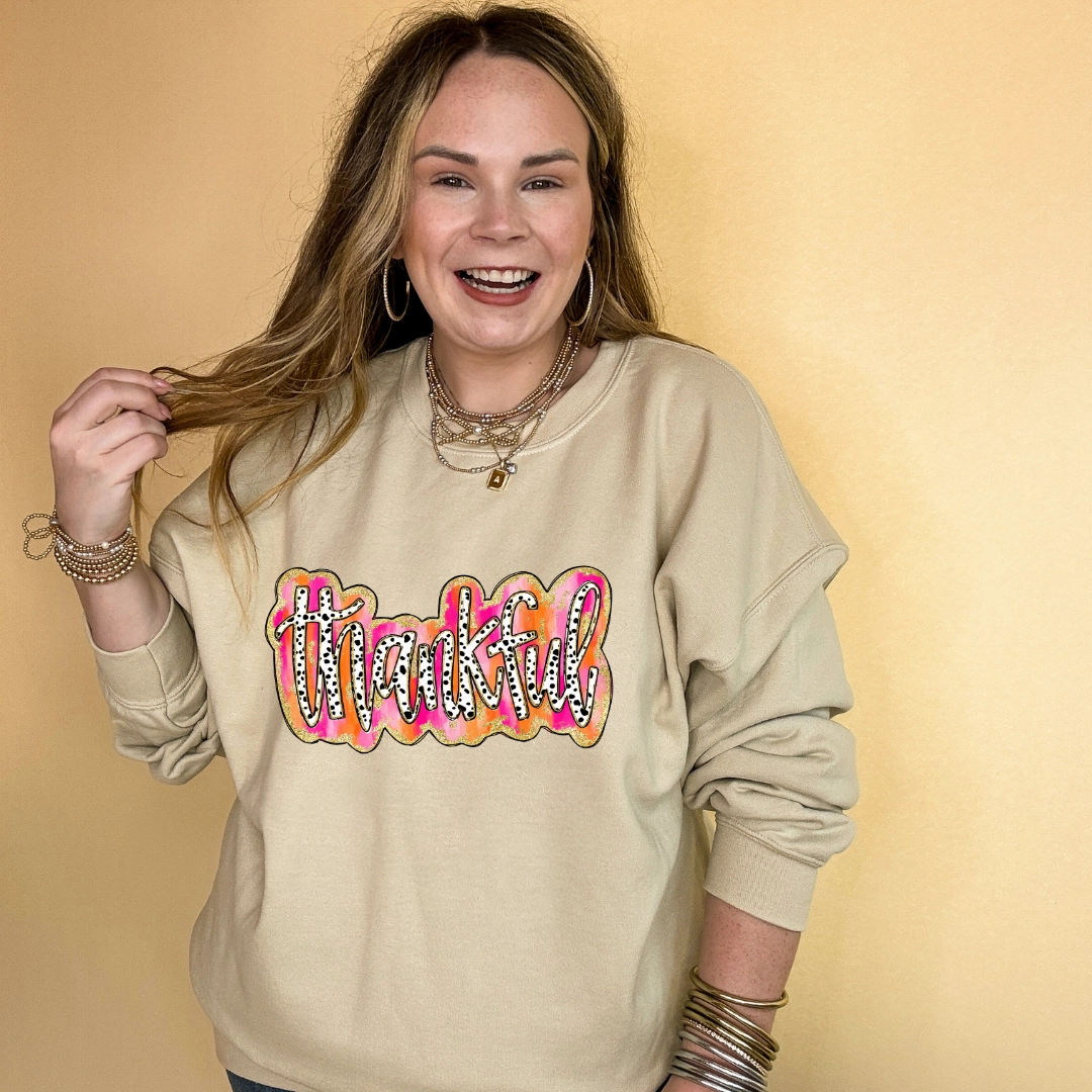 Online Exclusive | Thankful Gold Glitter and Dalmatian Graphic Sweatshirt in Multiple Color Options Travel Light Active Flex
