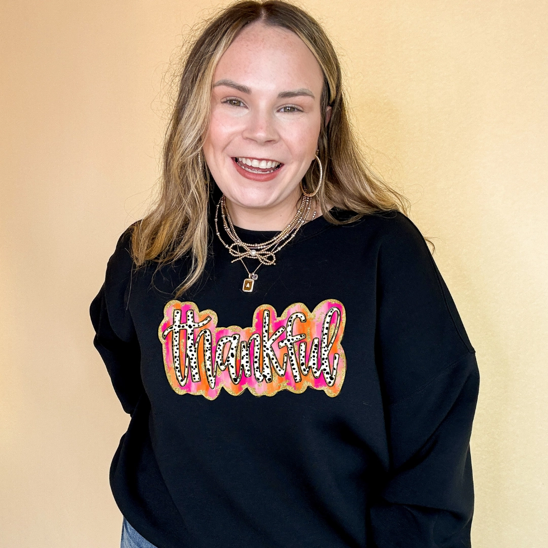 Quick Wear Fashion Comfort Online Exclusive | Thankful Gold Glitter and Dalmatian Graphic Sweatshirt in Multiple Color Options