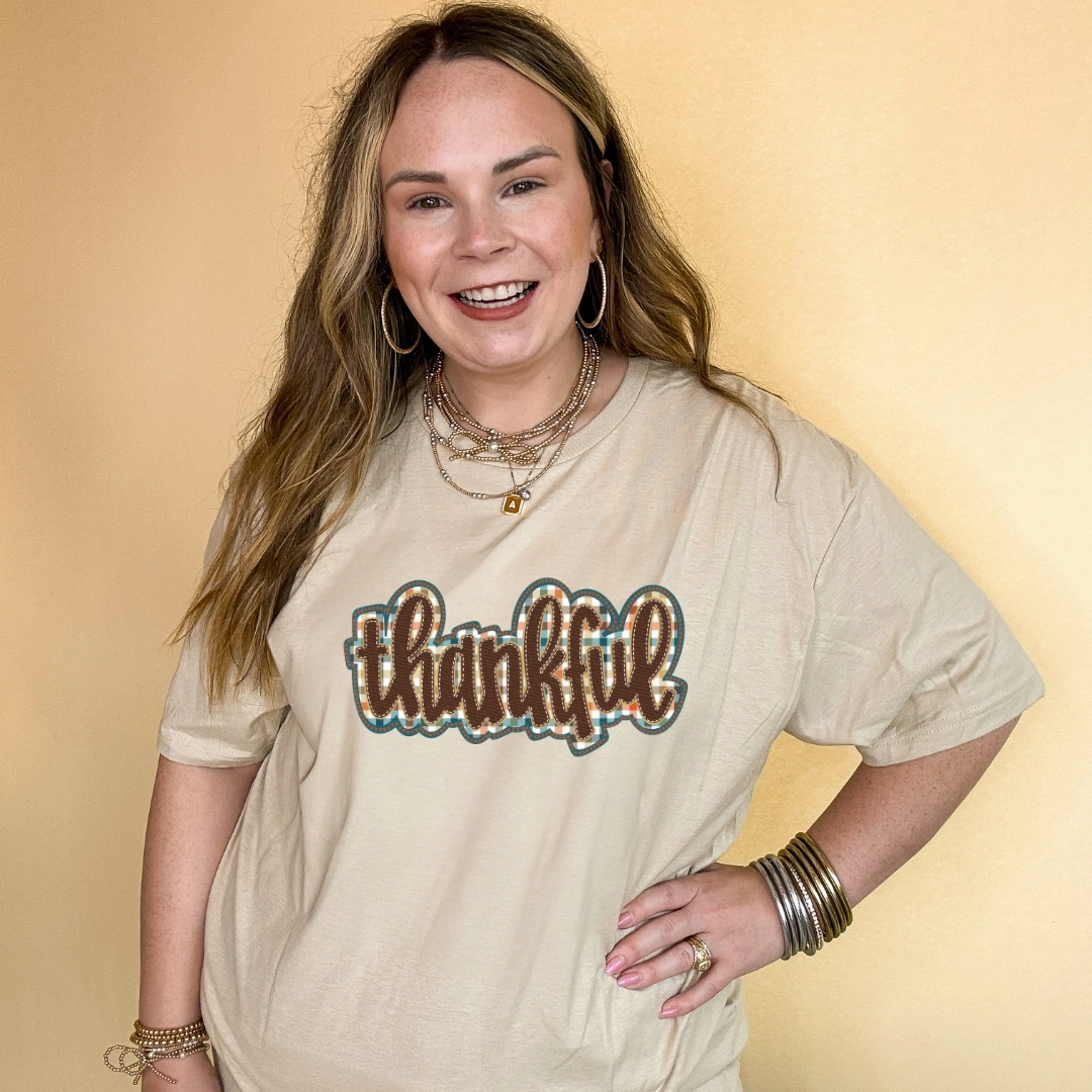 Sleek Comfort Plus Size Online Exclusive | Thankful Plaid Patch Graphic Tee in Multiple Color Options