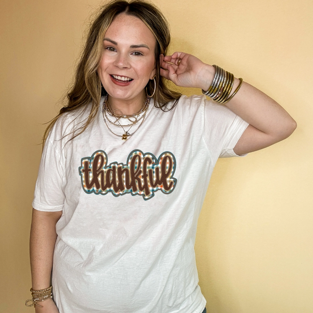 Online Exclusive | Thankful Plaid Patch Graphic Tee in Multiple Color Options Comfort Wearable Lightweight Comfort Wear