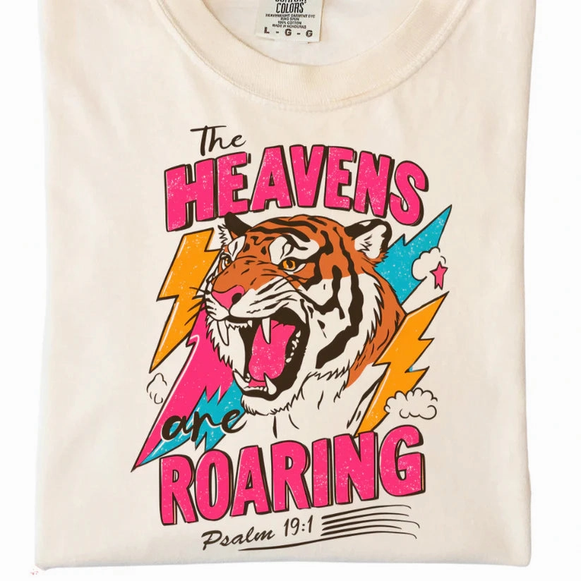 Online Exclusive | The Heavens Are Roaring Short Sleeve Comfort Color Graphic Tee in Ivory UV Protection Fabric Seamless Edging