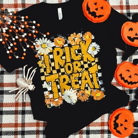 Online Exclusive | Trick Or Treat Checker Graphic on Short Sleeve Tee in Black Kids playfulness Comfy Look
