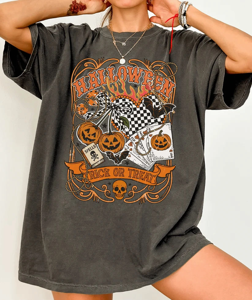 Plus size confidence Online Exclusive | Trick or Treat Halloween Graphic on Short Sleeve Comfort Color Tee in Pepper Black