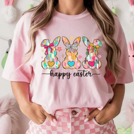 Online Exclusive | Trio Multi colored Painted Bunnies with Bows Graphic Tee in Light Pink On-the-Go Comfort Cozy Style