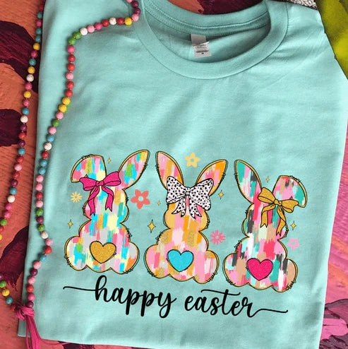 Online Exclusive | Trio Multi colored Painted Bunnies with Bows Graphic Tee in Mint Blue All-Season Comfort Wear