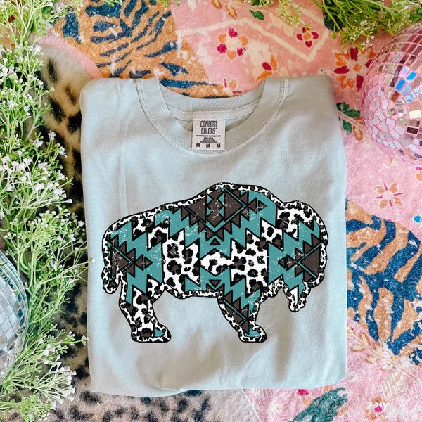Scoop neck femininity Online Exclusive | Turquoise Aztec Buffalo Graphic on Short Sleeve Comfort Color Tee in Bay Green