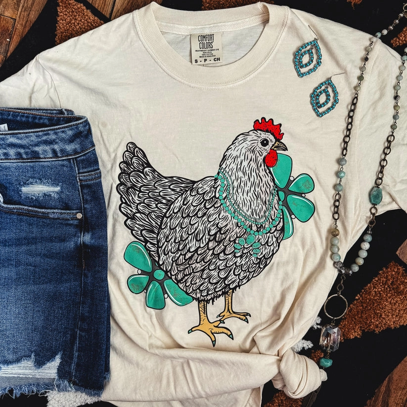 Trendy Fashion Premium Cotton Blend Online Exclusive | Turquoise Chicken with Flowers Short Sleeve Graphic Tee in Cream