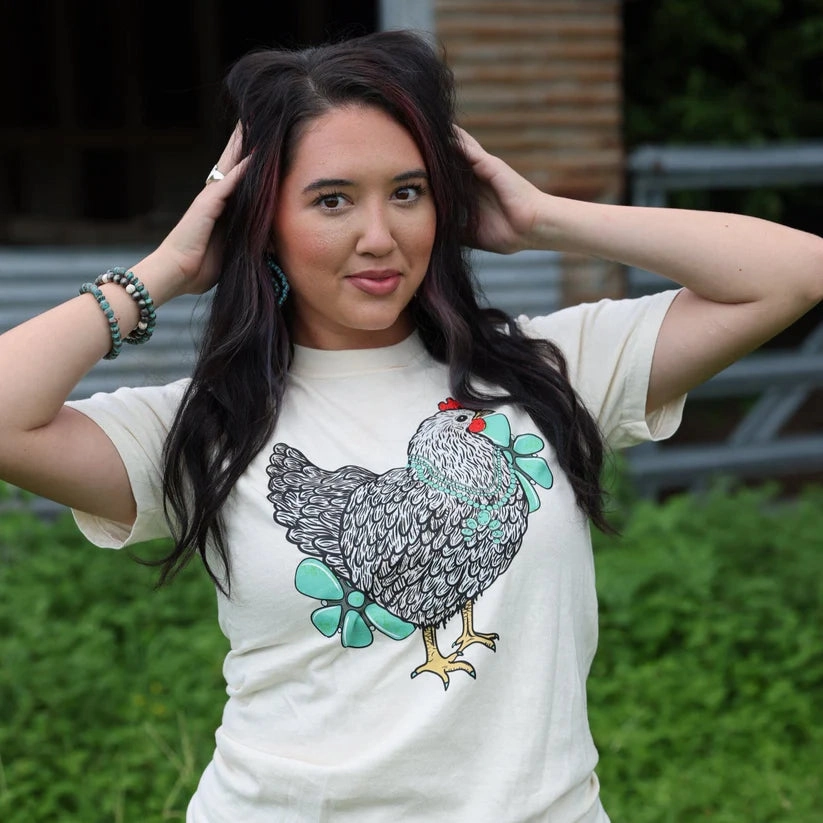 Odor Resistant Material Online Exclusive | Turquoise Chicken with Flowers Short Sleeve Graphic Tee in Cream