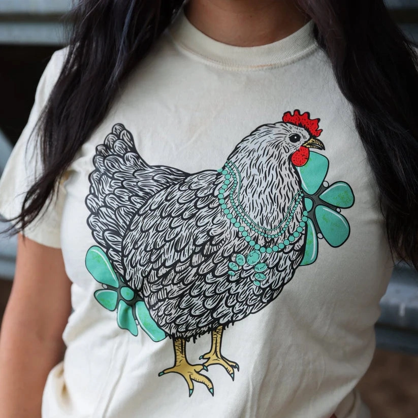 Durable Color Retention Online Exclusive | Turquoise Chicken with Flowers Short Sleeve Graphic Tee in Cream