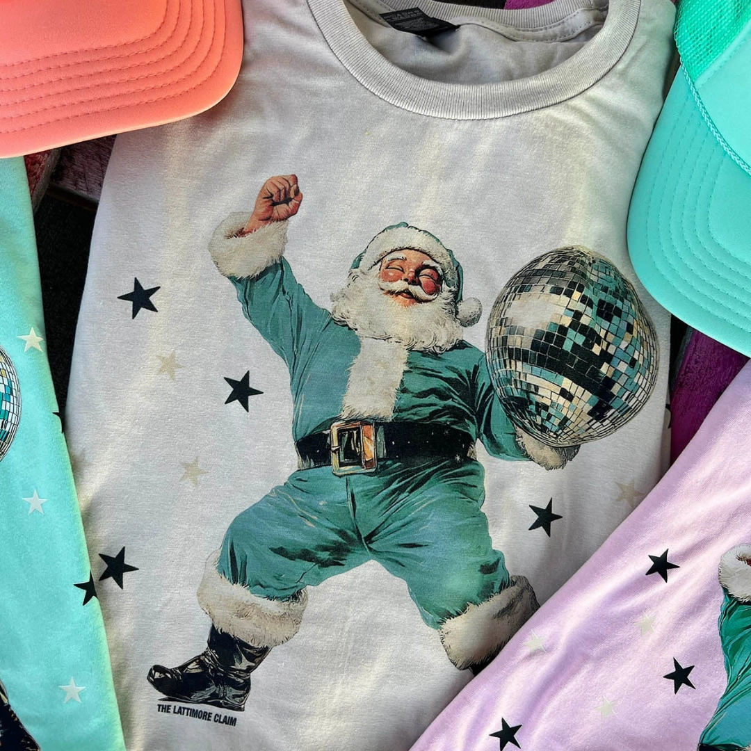 Online Exclusive | Turquoise Disco Dancing Santa Graphic on Tee & Sweatshirt Option - Cream Perfect Layer Comfortable Design