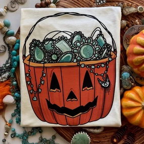 Plus Size Online Exclusive | Turquoise Gemstone Jack O Lantern Graphic on Short Sleeve Comfort Color Tee in Ivory