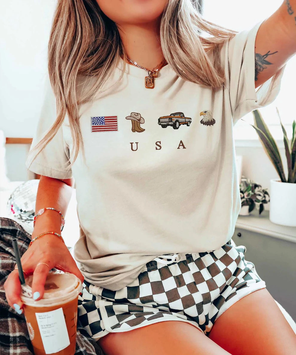 Online Exclusive | USA Icons Faux Embroidered Graphic Short Sleeve Tee in Cream SoftKnit