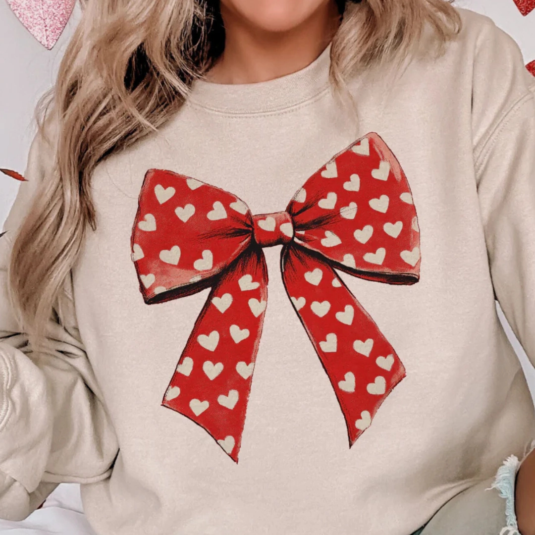 Online Exclusive | Valentine Big Red Bow with Hearts Graphic Sweatshirt in Cream Modern Trend Look Relaxed fit style
