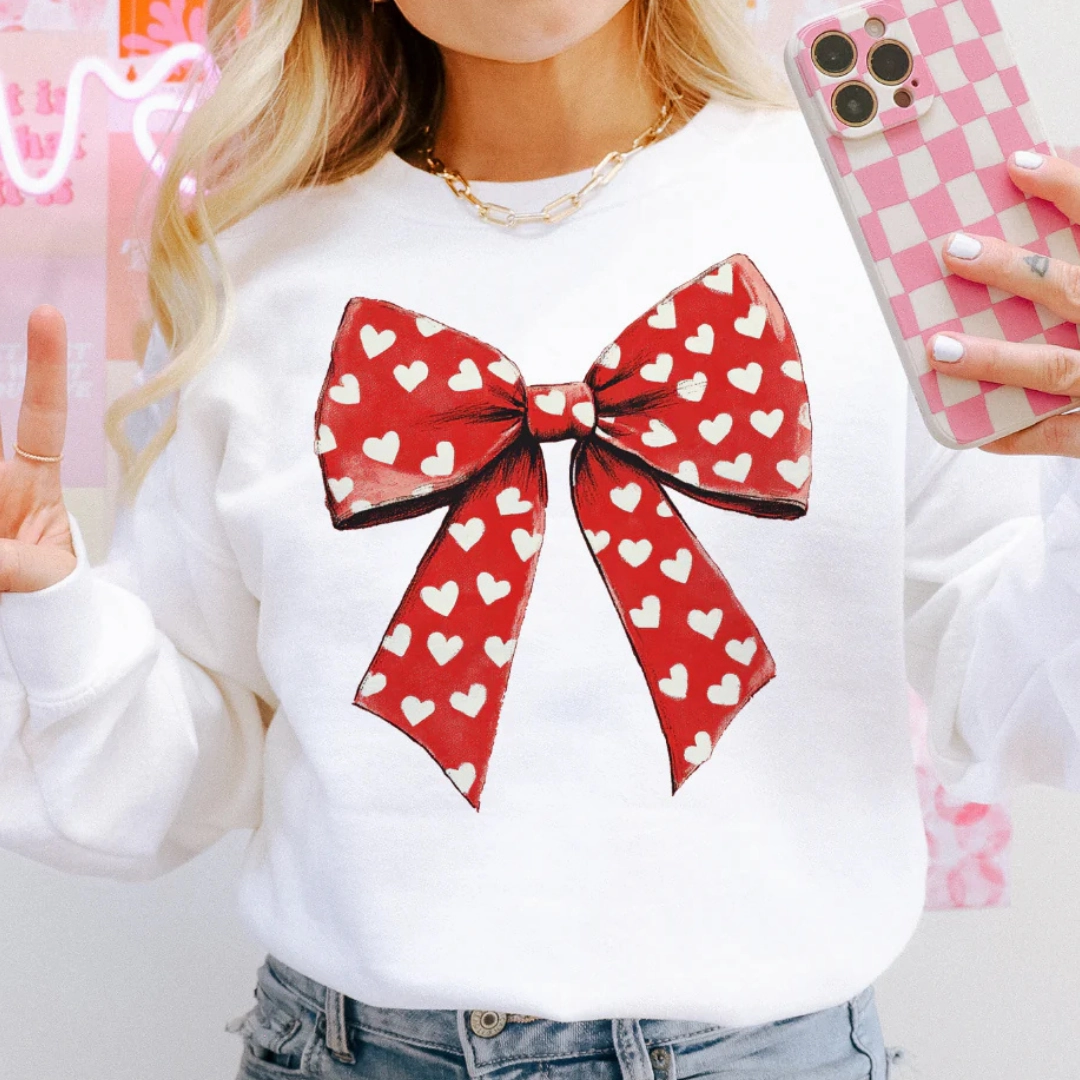 Online Exclusive | Valentine Big Red Bow with Hearts Graphic Sweatshirt in White Chic Outfit