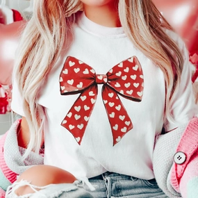 vacation wear Online Exclusive | Valentine Big Red Bow with Hearts Graphic Tee in White