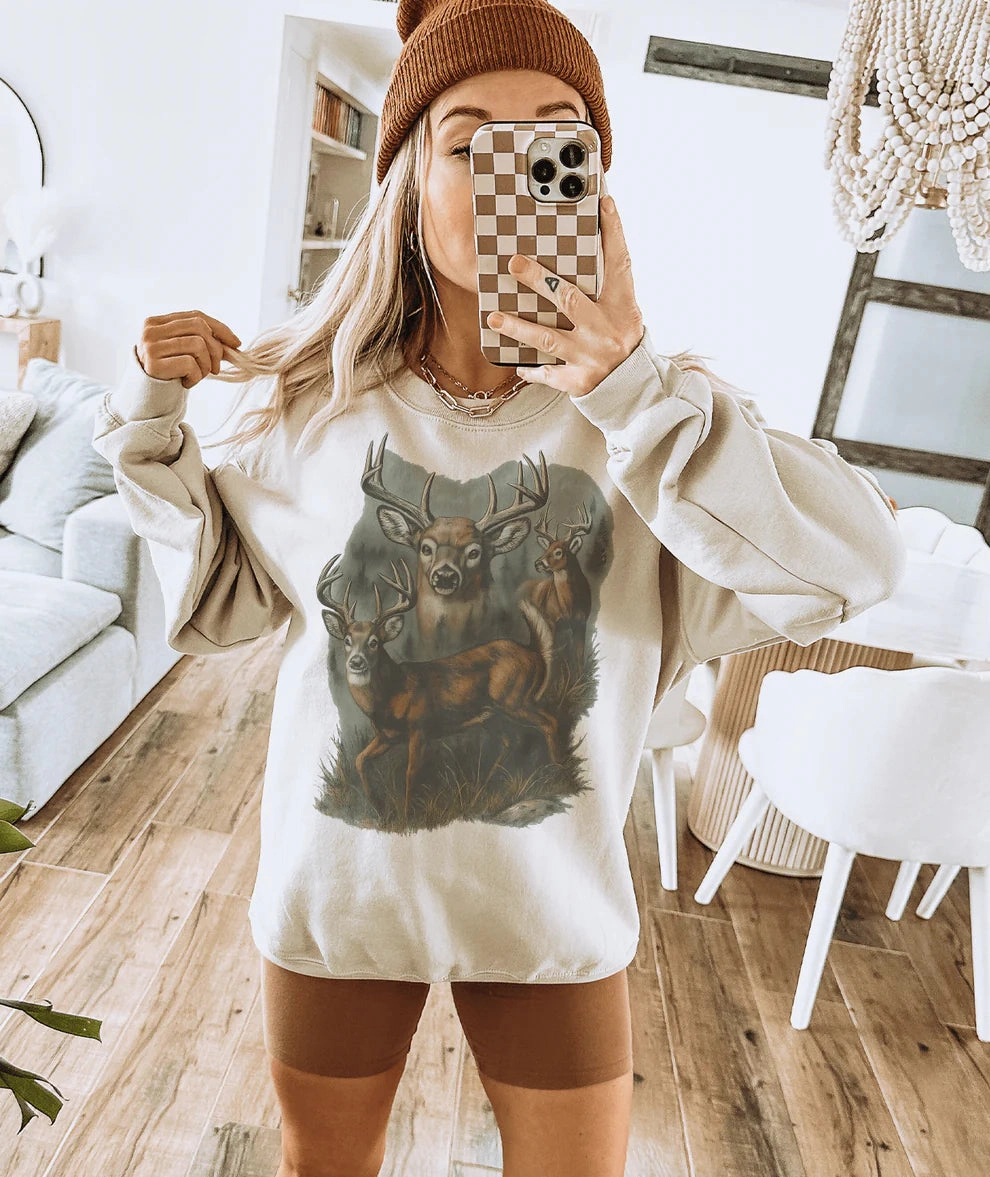 Structured silhouette Timeless Style Online Exclusive | Vintage Deer Trio Scene Graphic on Sweatshirt - Cream or Grey