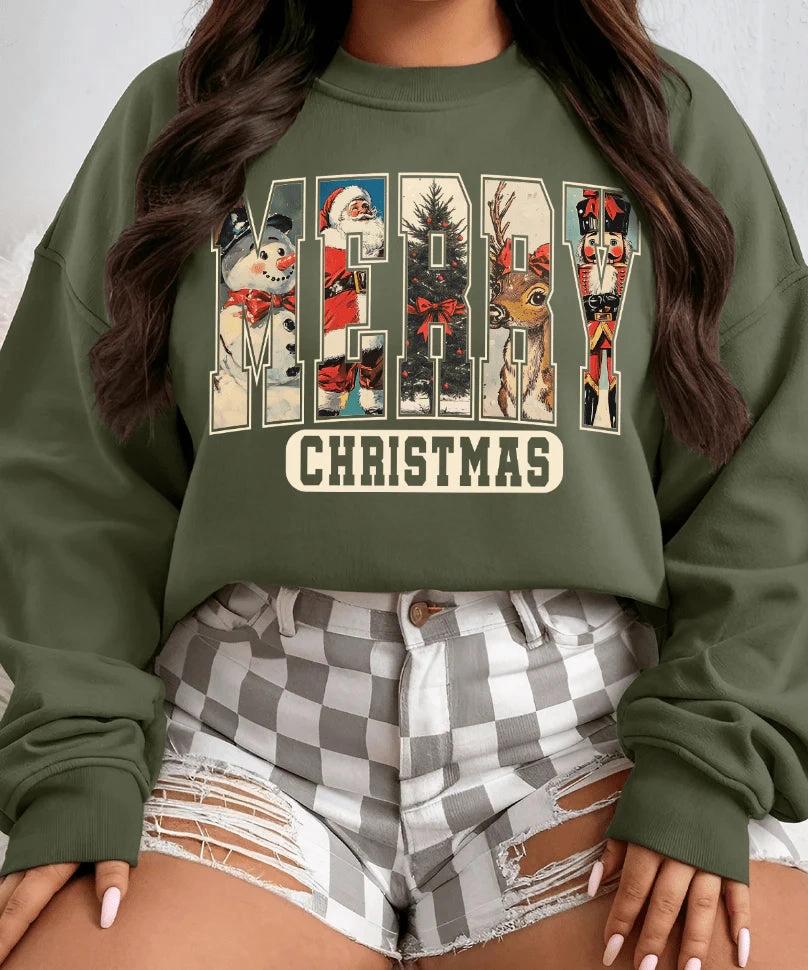 Layered Look Wear Sports Outfit Online Exclusive | Vintage Merry Christmas Graphic on Tee & Sweatshirt Options