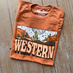Online Exclusive | Western Moon Scene Graphic Tee in Heather Harvest Orange MoistureControl Lining NonRestrictive Movement