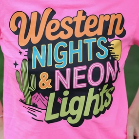 Online Exclusive | Western Night & Neon Lights Graphic on Short Sleeve Comfort Color Tee in Neon Pink Simple Look