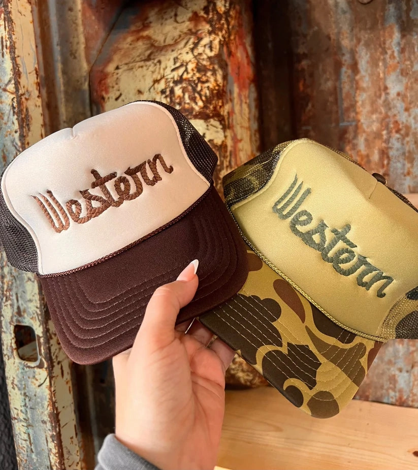 Online Exclusive | Western Rope Embroidered Trucker Cap in Tan & Brown or Camouflage Trendy Essential Top