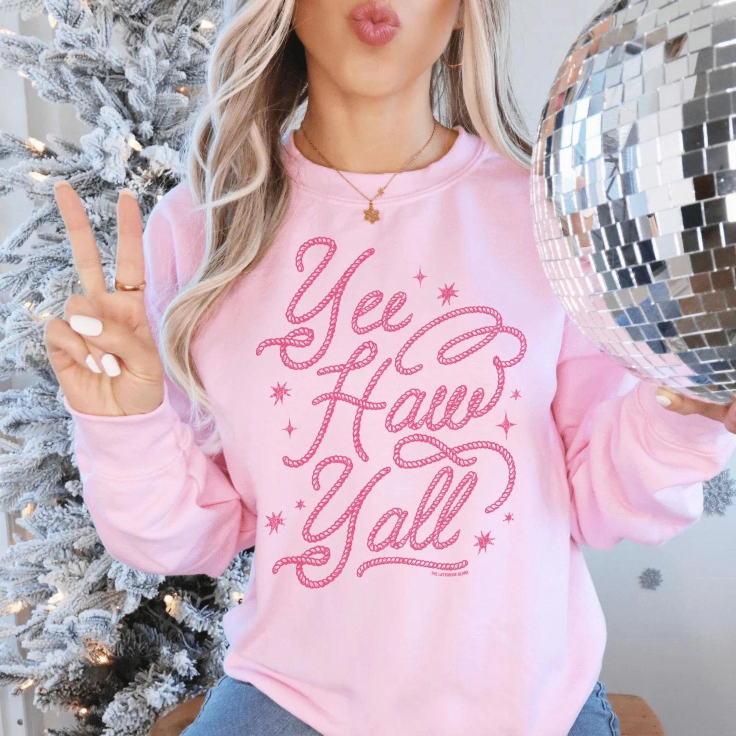 Unique Cut Denim Cool Online Exclusive | Yee Haw Yall Rope Writing Graphic Sweatshirt in Pink