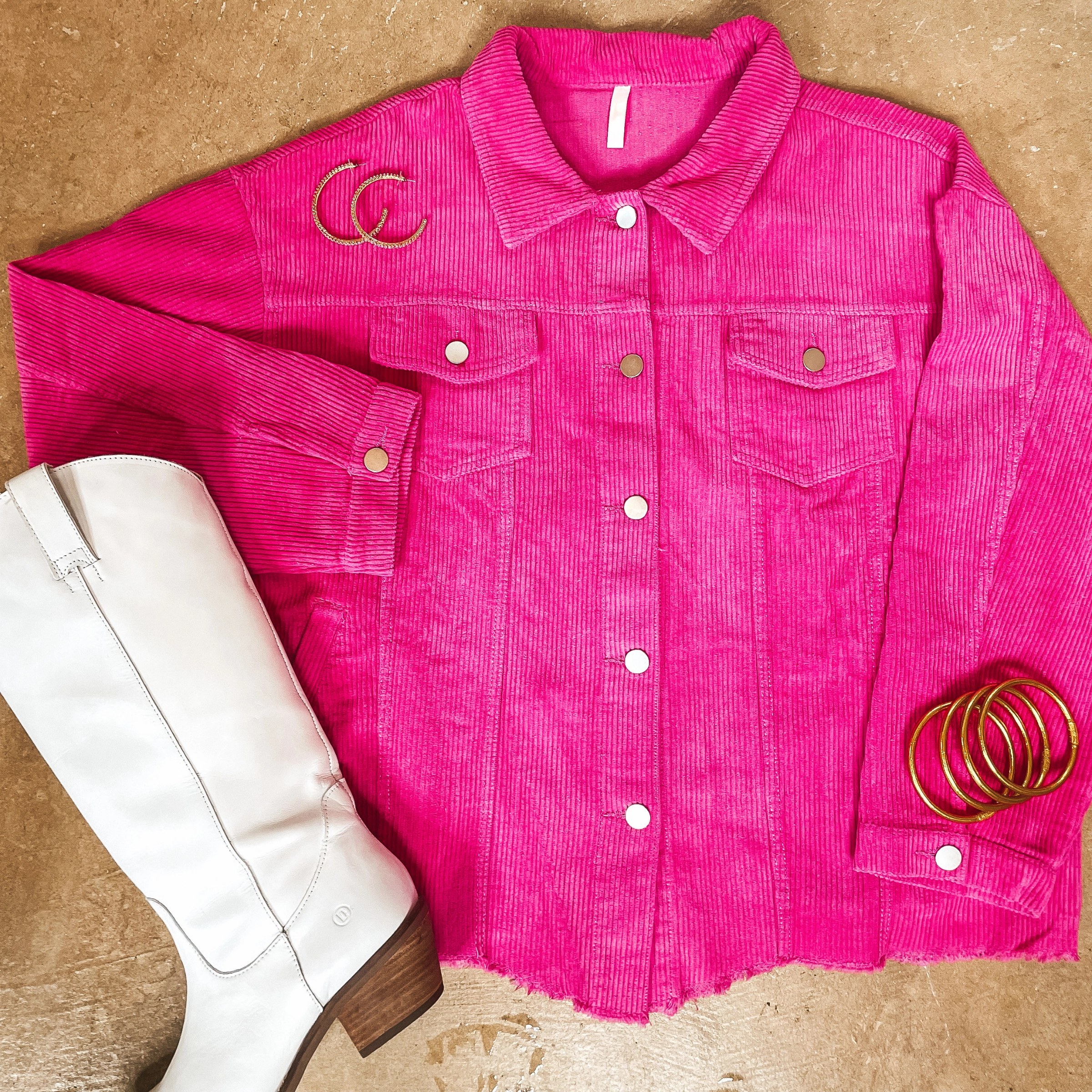 Out For A Drive Button Up Corduroy Shacket in Hot Pink FourWay Stretch Dream Base