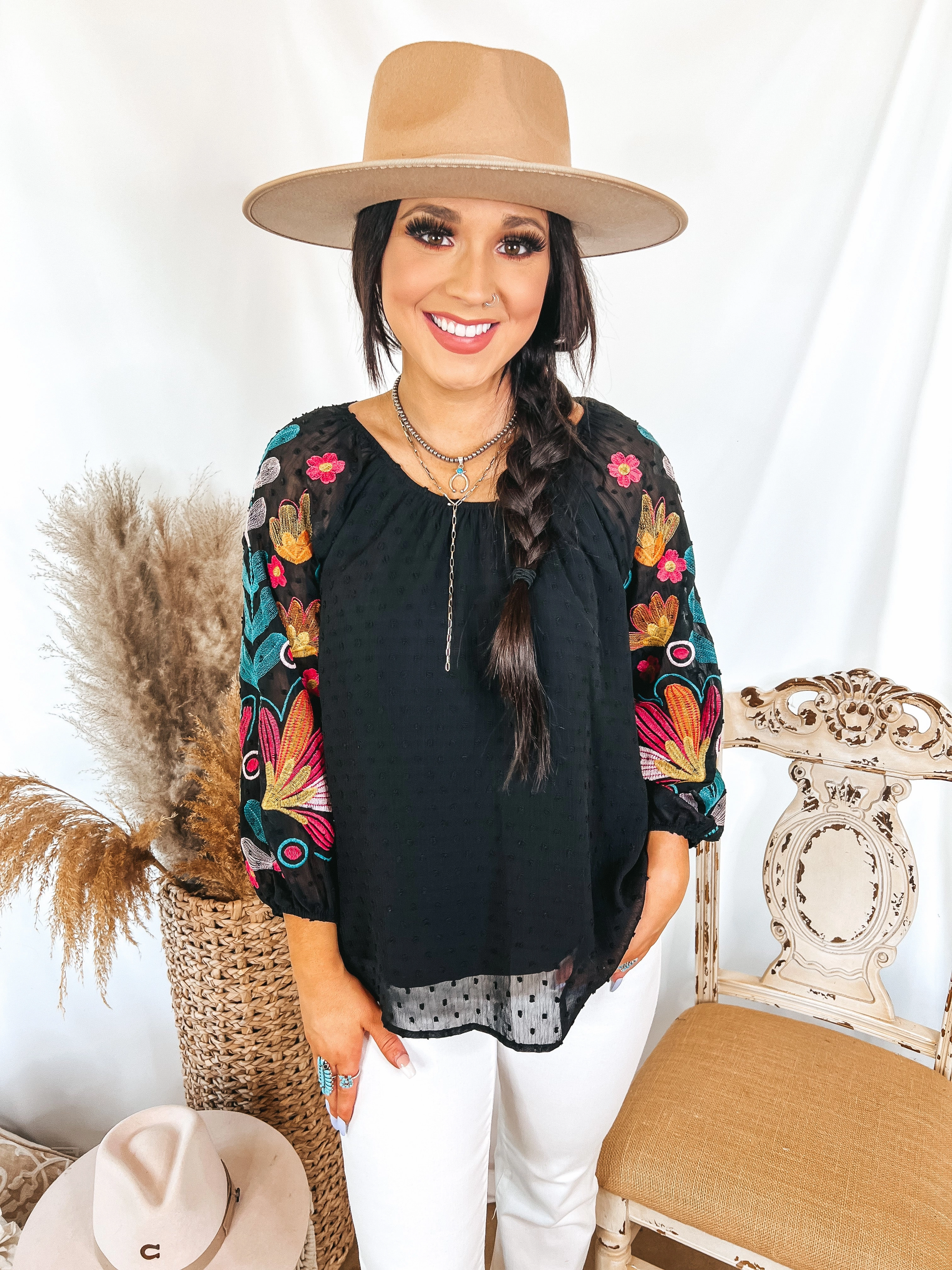 LatticeKnit Right About You Floral Embroidered 3/4 Sleeve Top in Black