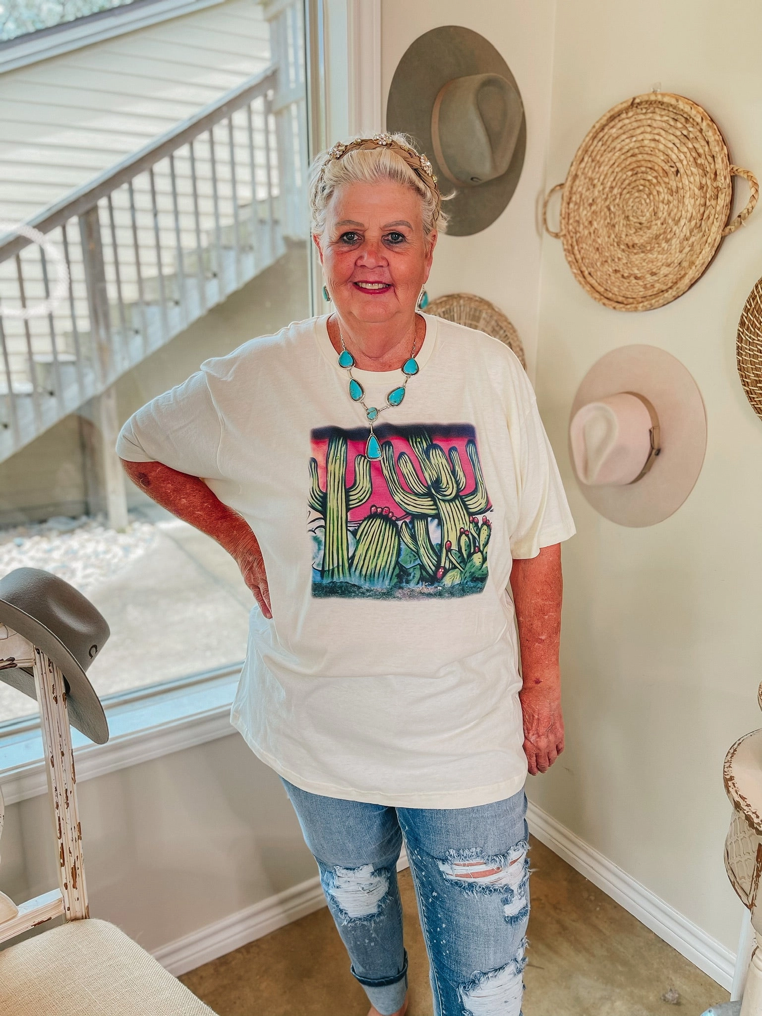 Paint Me in Palm Springs Short Sleeve Airbrush Cactus Graphic Tee in Ivory Durable Reinforcements